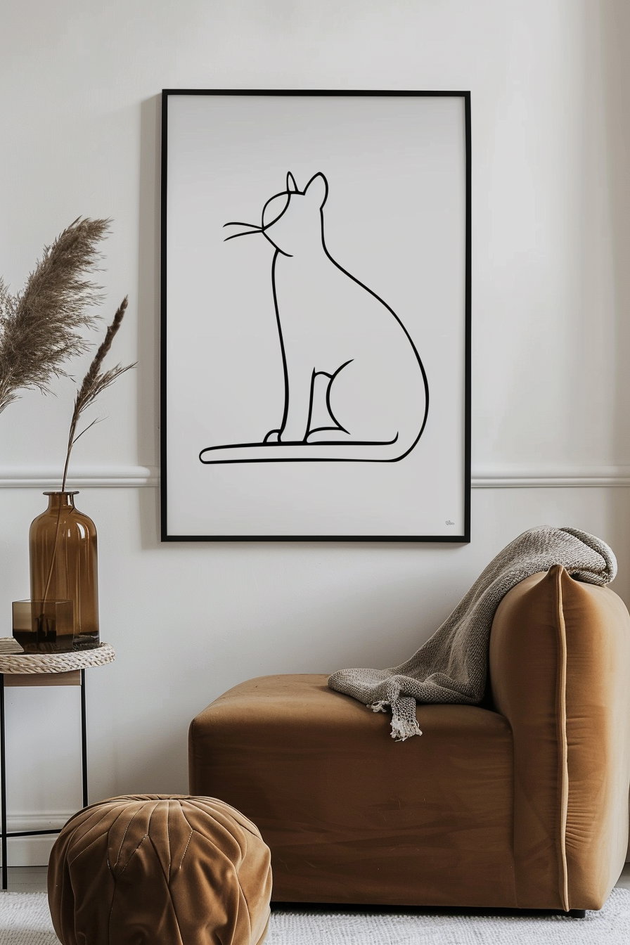 Elegant cat line art poster on white background