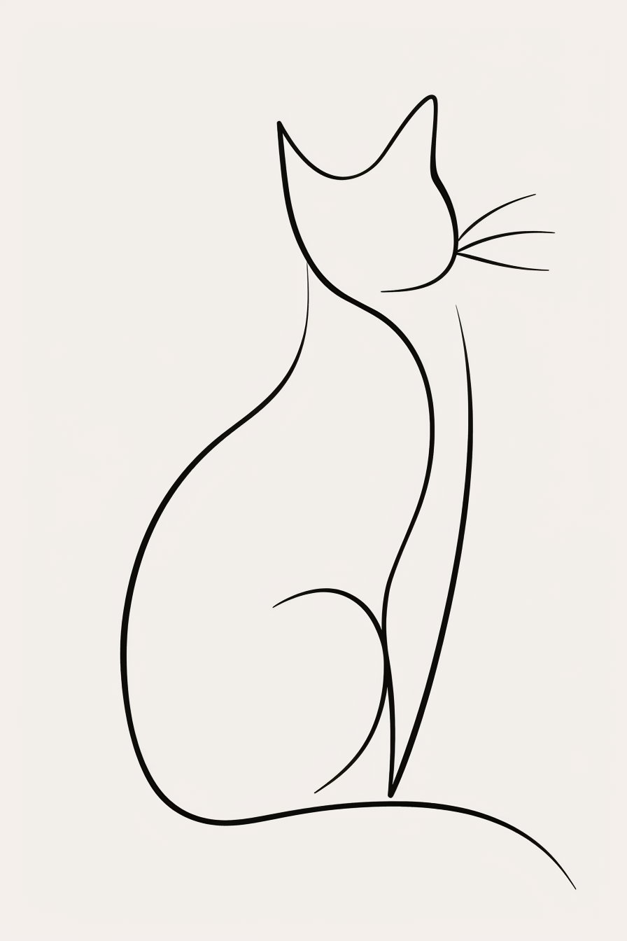 Minimalist black and white continuous line cat drawing