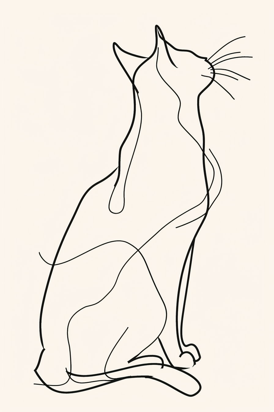 Abstract continuous line drawing of a cat in black ink
