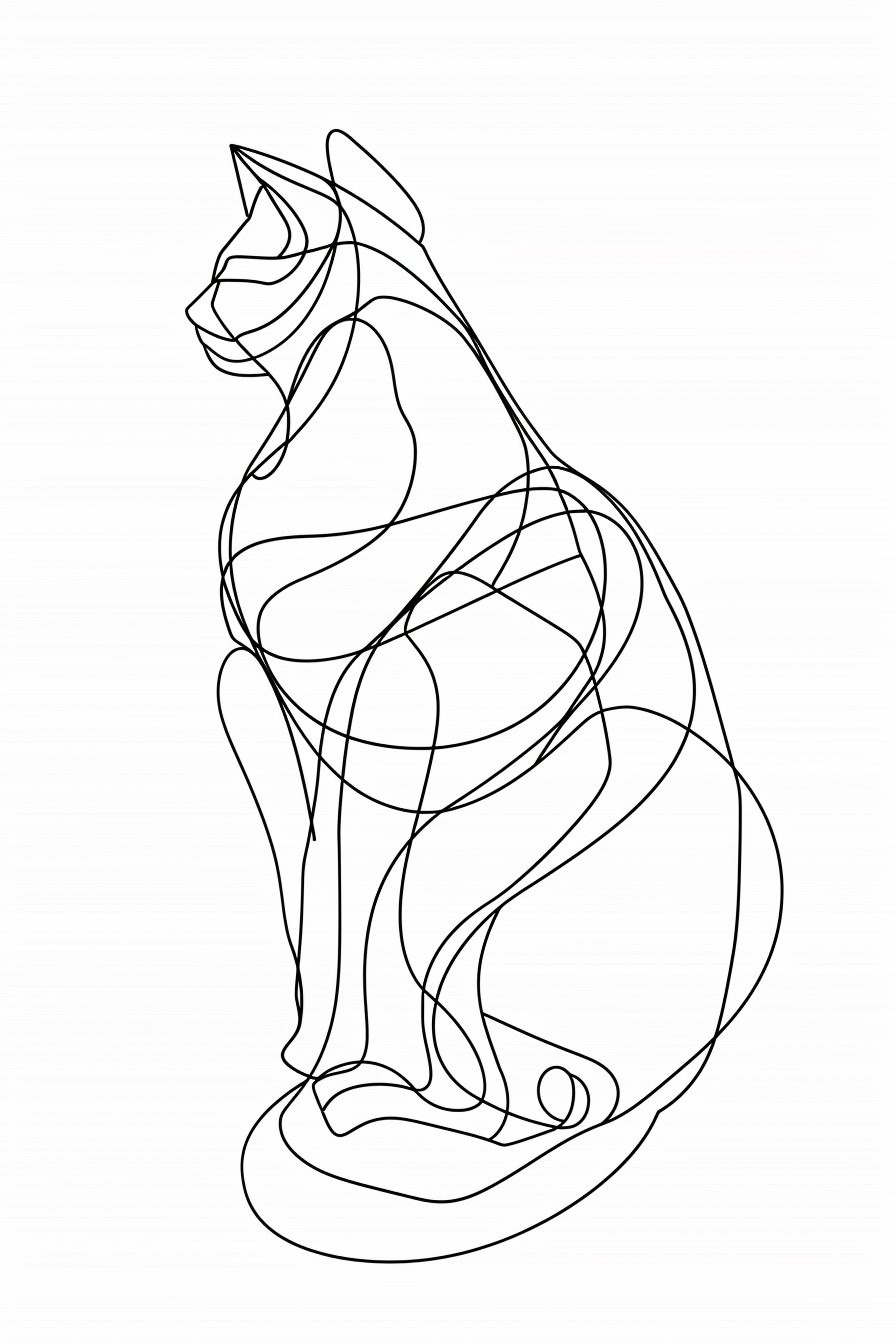 Abstract continuous line drawing of a cat in black ink