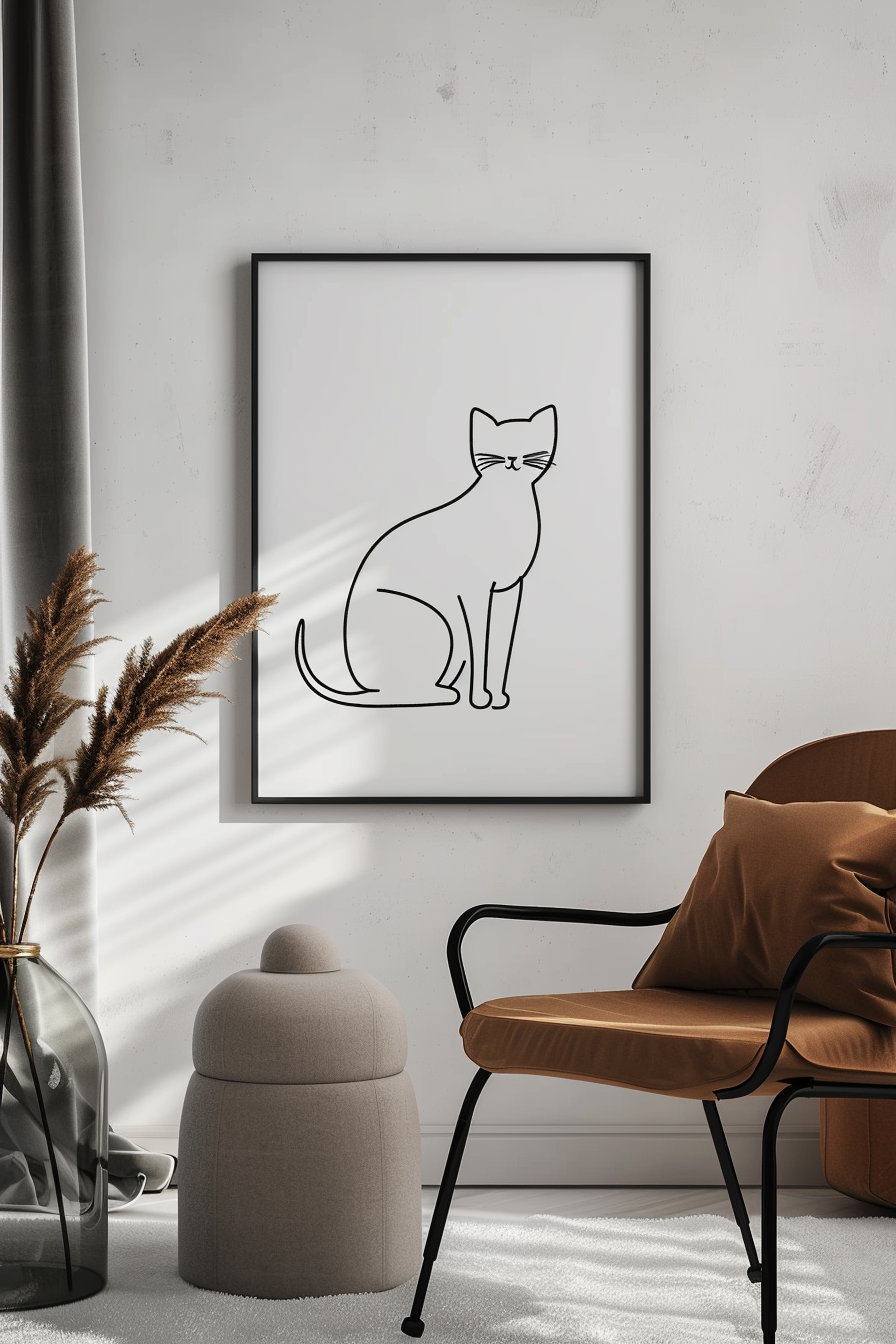 Bold minimal line cat illustration on white background