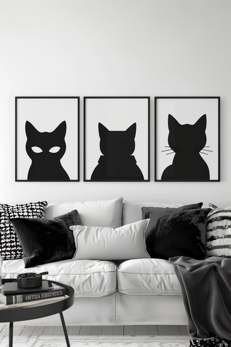 Minimalist black and white cat posters in modern gallery style