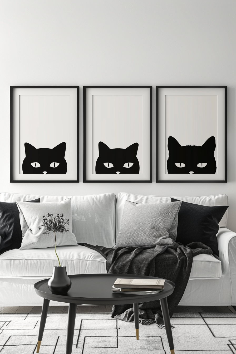 Minimalist black and white cat posters for modern wall art