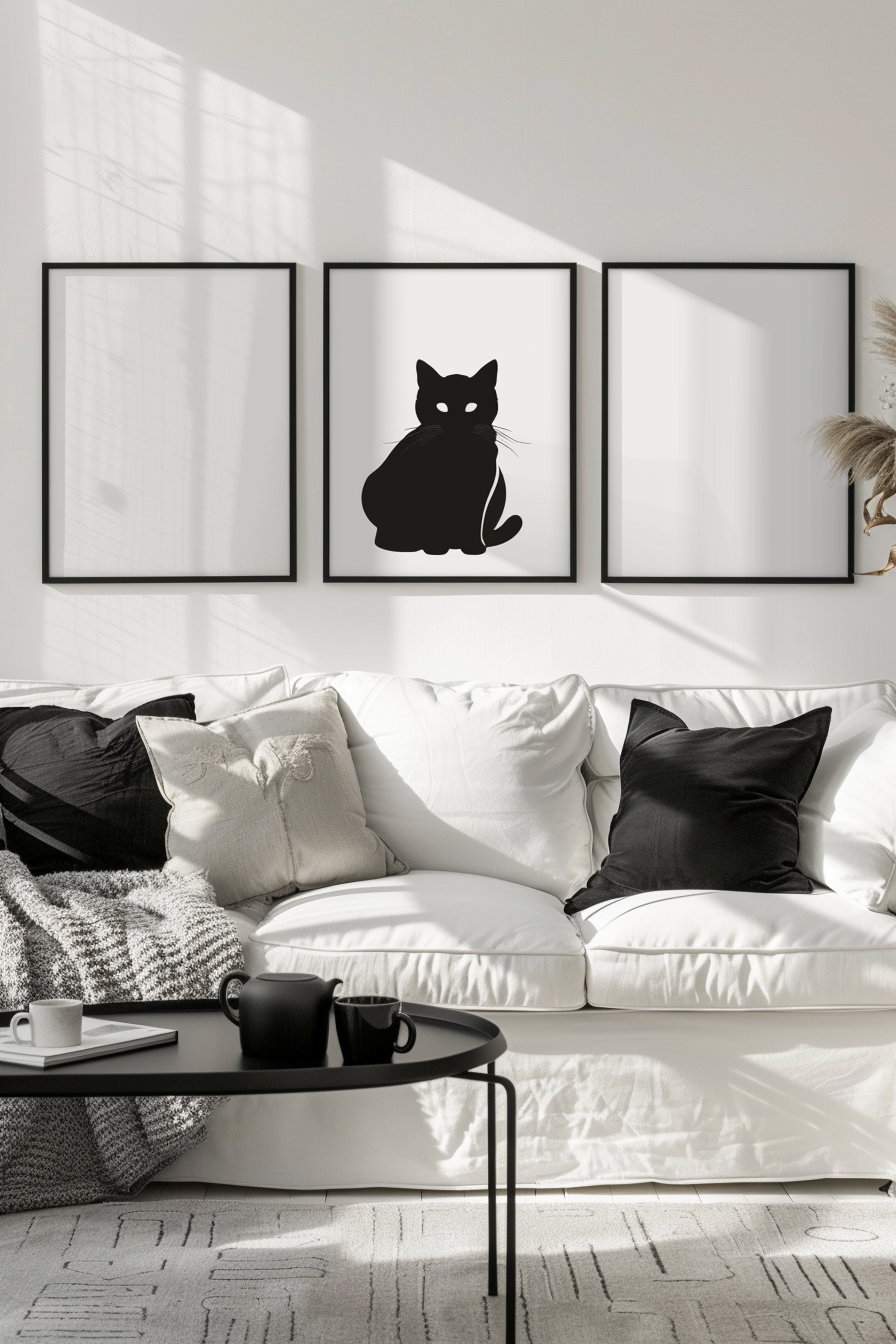 Minimalist black and white cat posters in modern gallery style