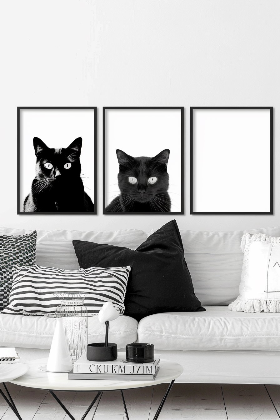 Minimalist black and white cat posters in modern gallery style