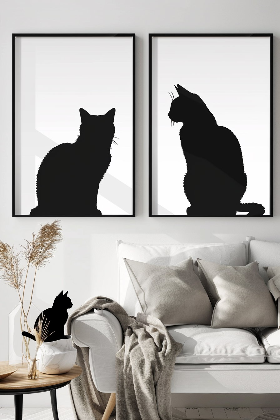 Minimalist cat silhouette posters on white background