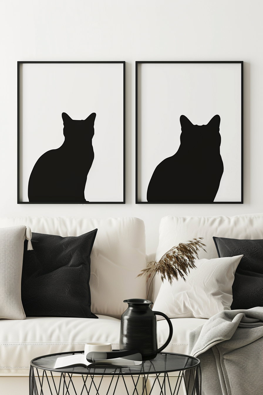 Minimalist cat silhouette posters on white background