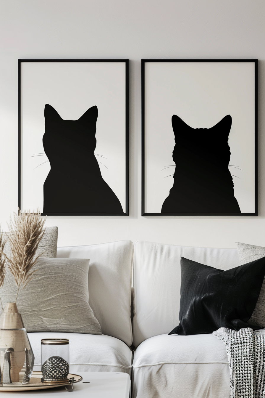 Minimalist cat silhouette posters on white background