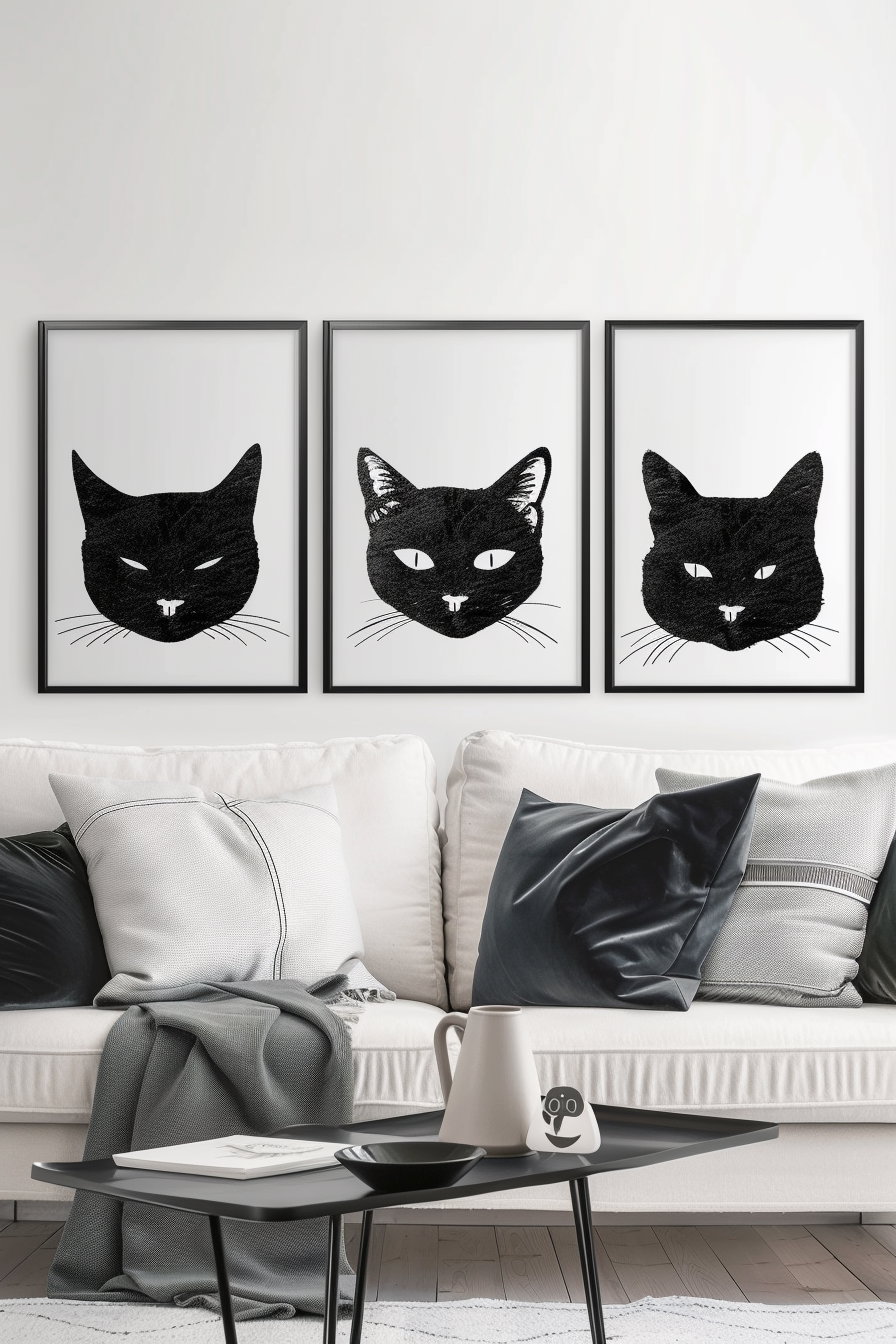 Set of three black and white cat wall art prints