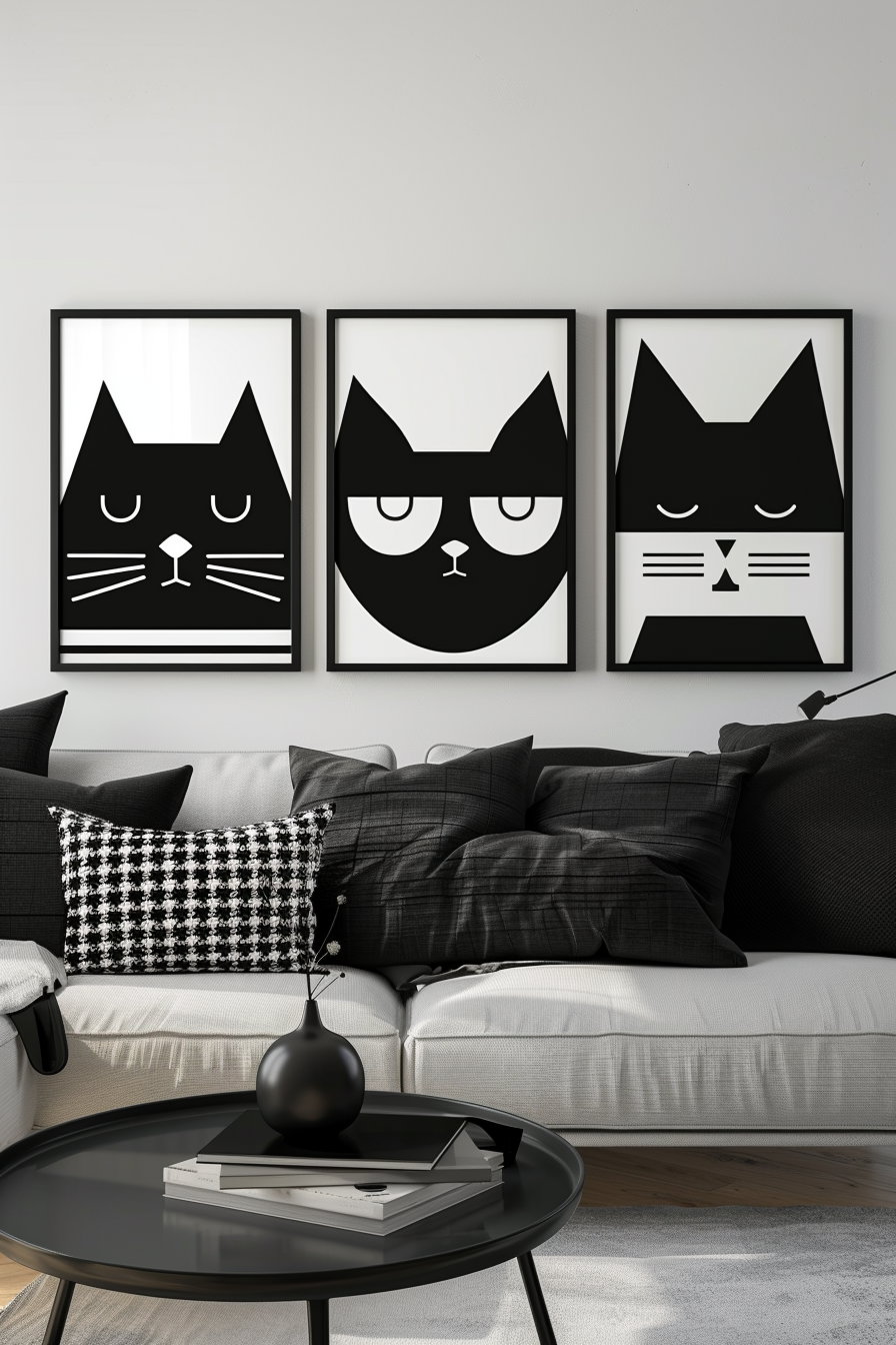 Set of three black and white geometric cat wall art prints