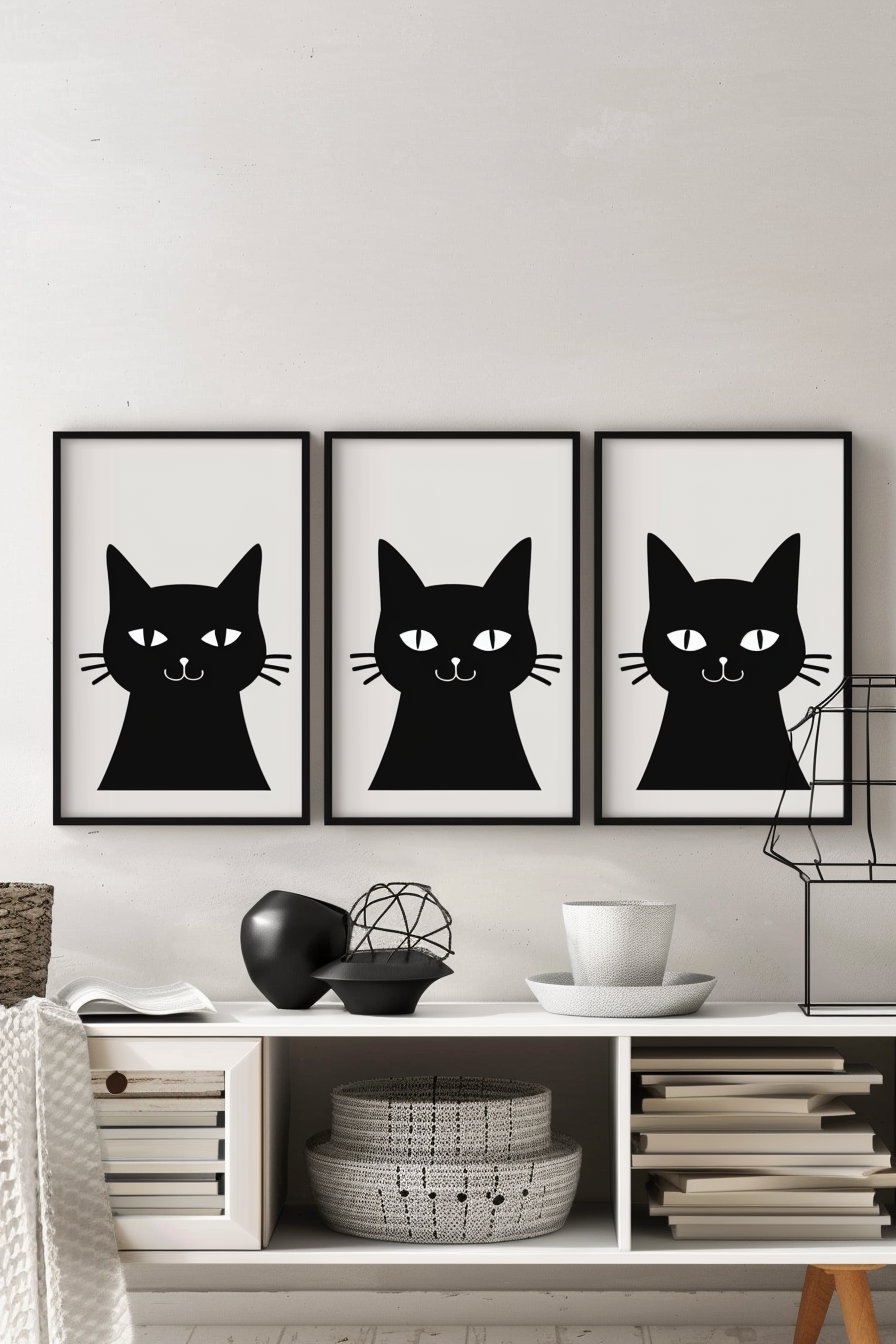 Set of three black and white cat wall art prints