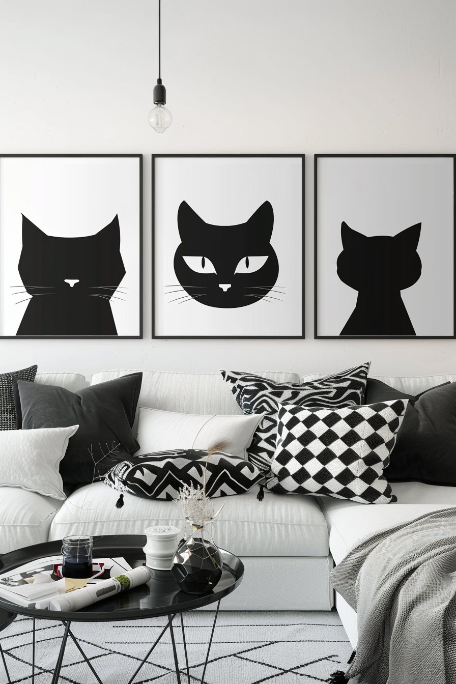 Geometric black and white cat wall art prints