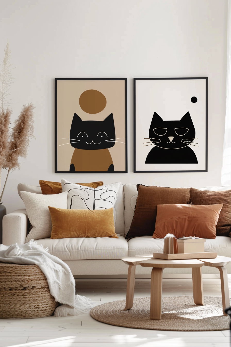 Three minimalist cat prints in modern decor style