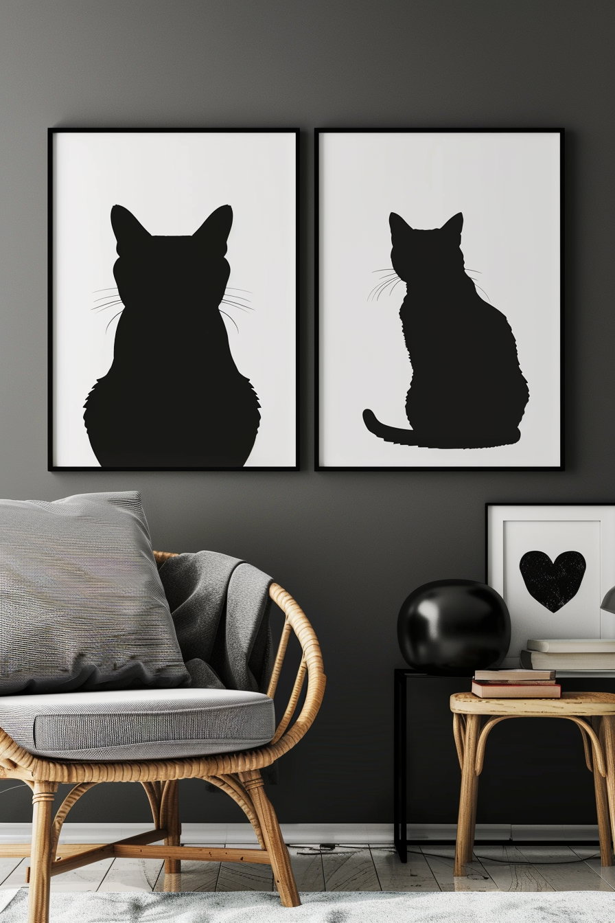 Set of 2 minimalist black cat silhouette posters