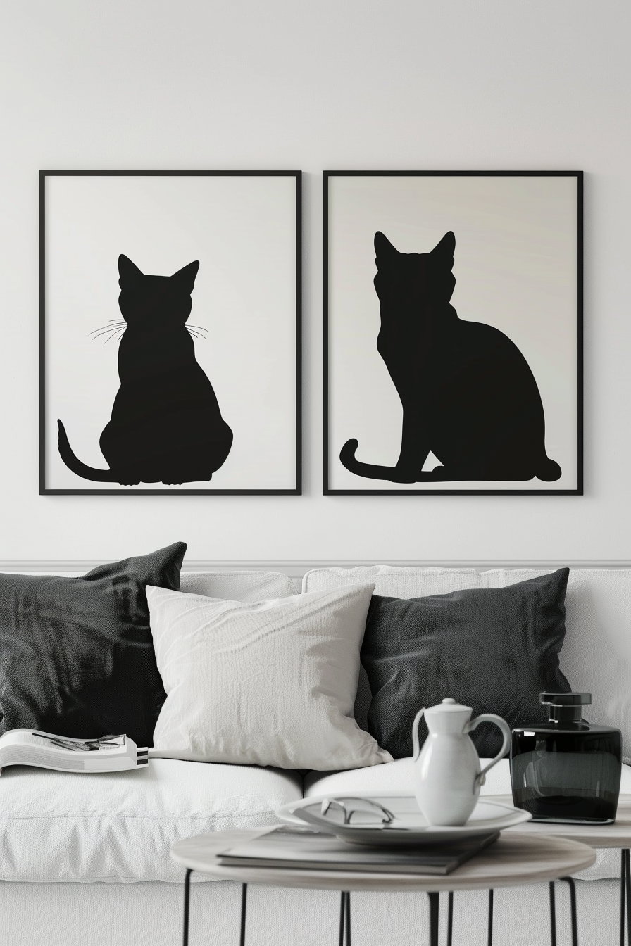 Minimalist black cat silhouettes in bold design posters
