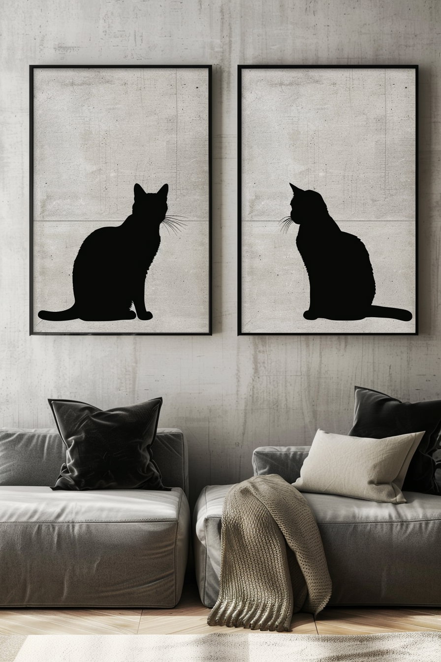 Set of 2 minimalist black cat silhouette posters