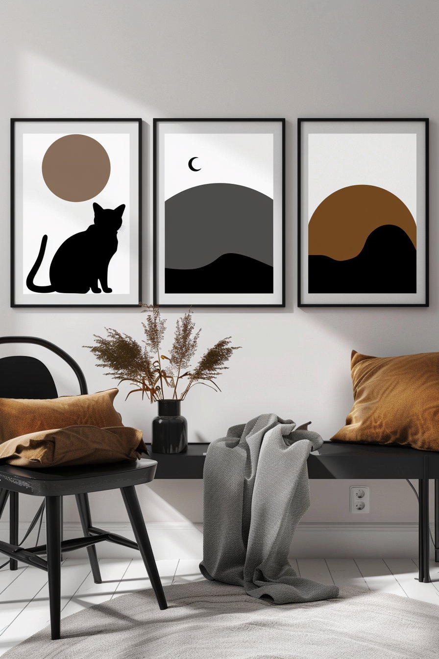 Minimalist cat wall art bundle with abstract shapes and silhouettes