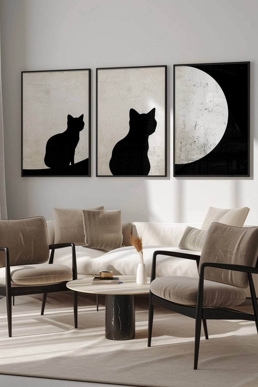 Minimalist cat wall art bundle with abstract shapes