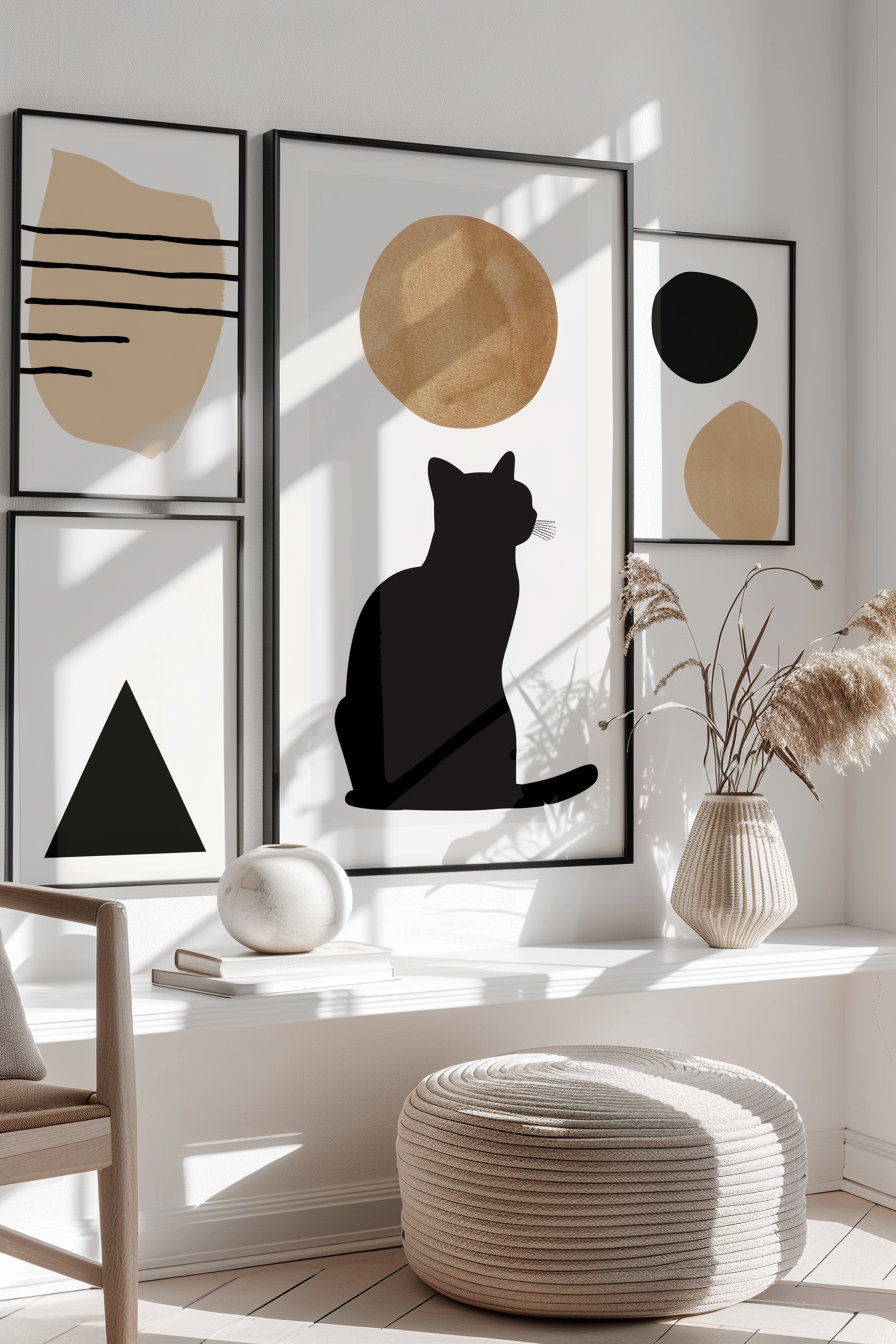 Minimalist cat wall art bundle with abstract shapes