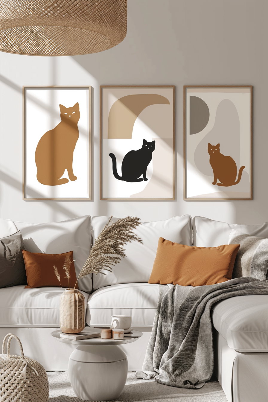 Minimalist cat wall art bundle with abstract shapes and silhouettes
