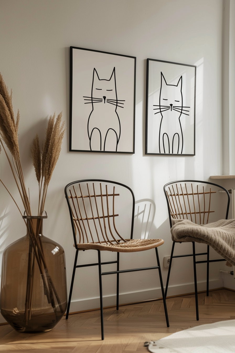 Minimalist cat line art posters in modern gallery style