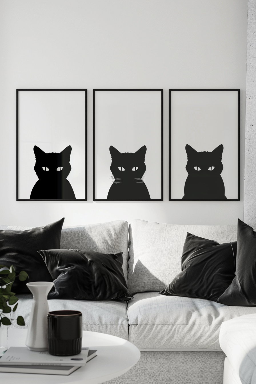 Modern black and white cat posters with minimalist design