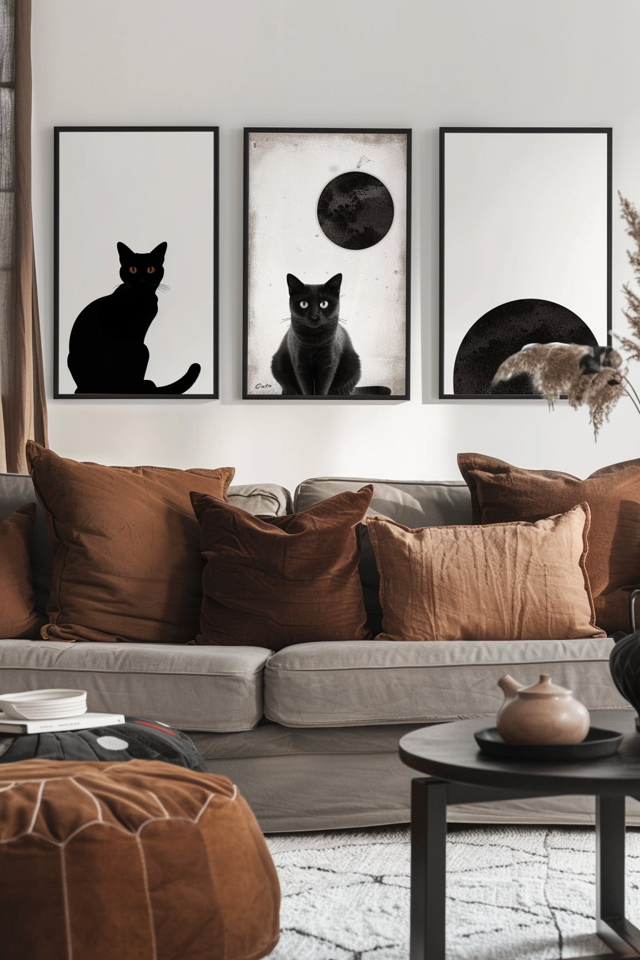 Set of three minimalist black and white cat posters