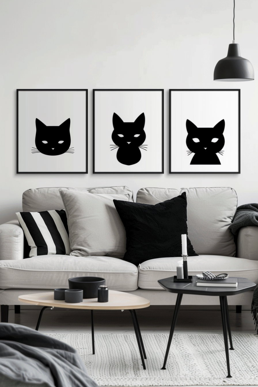 Modern cat printable posters in black and white minimalist design