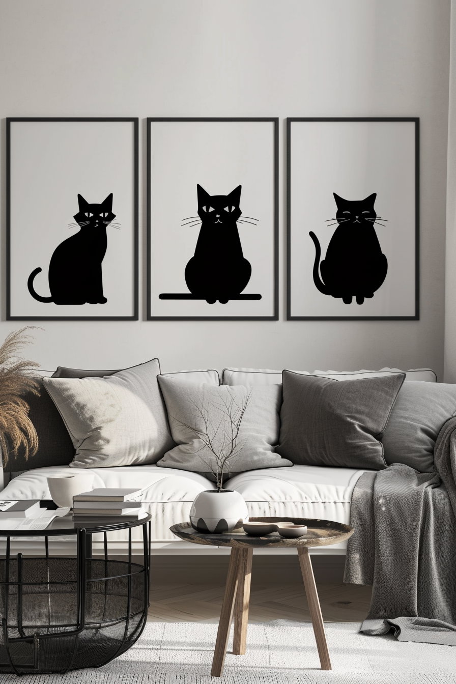 Modern black and white cat posters in minimalist design