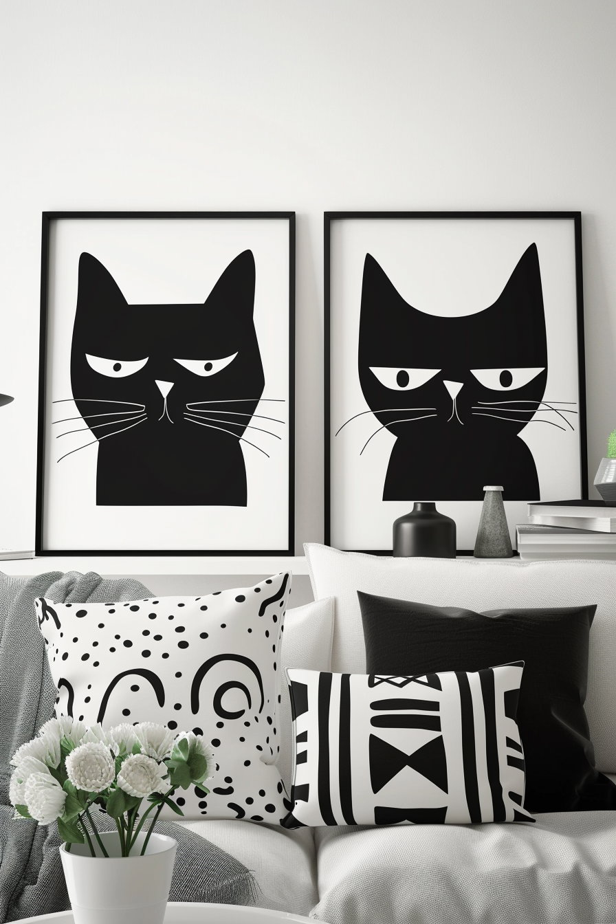 Minimalist cat art prints with high contrast design