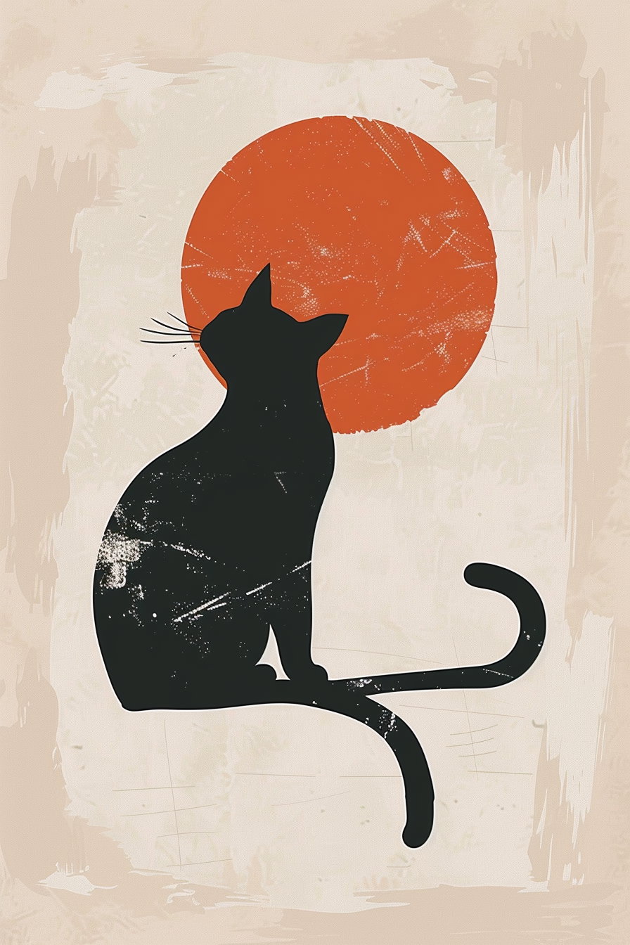 Boho cat silhouette art on beige background with abstract sun