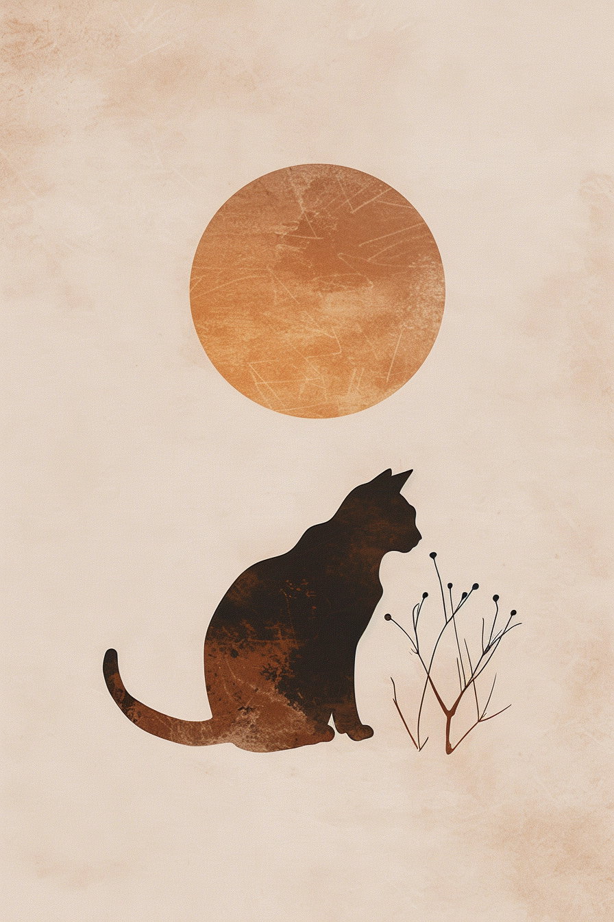 Boho cat silhouette with abstract sun on beige background