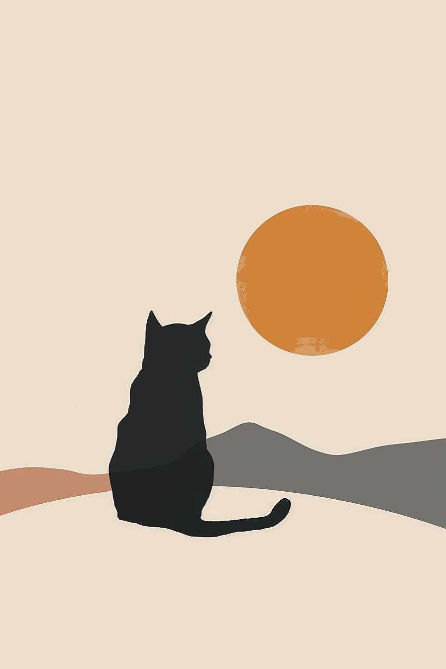 Boho cat silhouette art on beige background with sun
