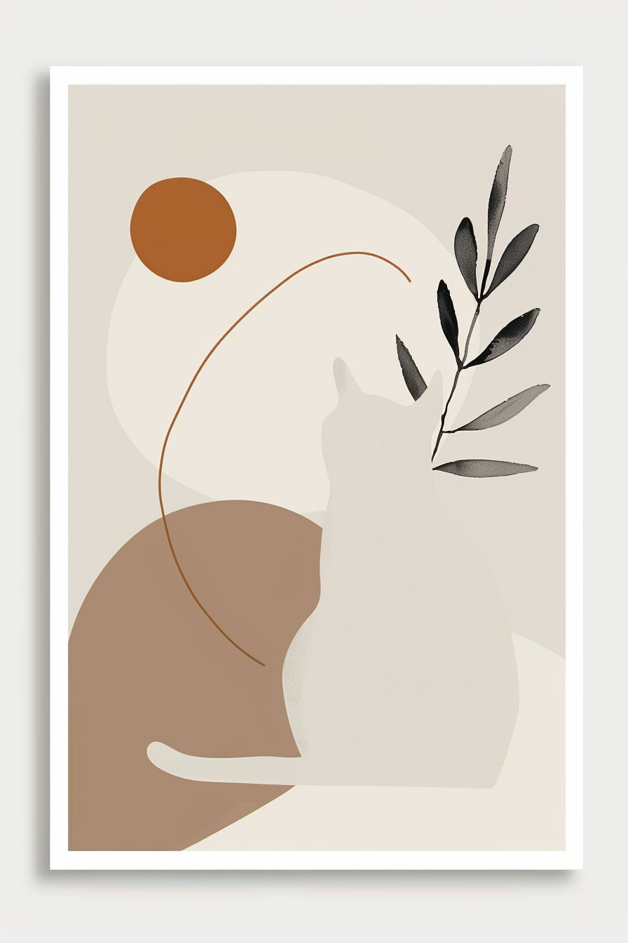 Minimalist cat poster in soft beige tones and organic shapes