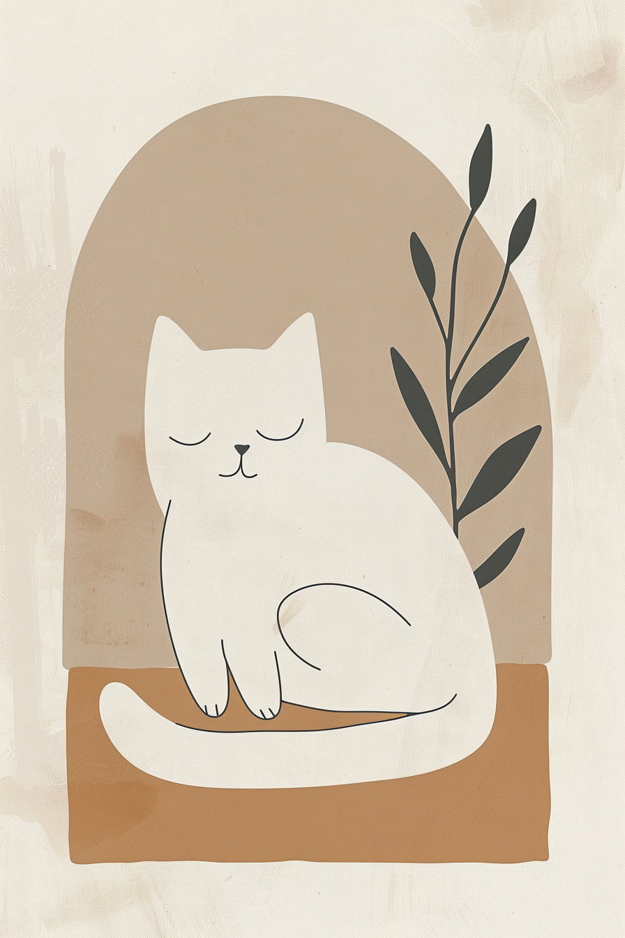 Minimalist cat poster in soft beige tones and organic shapes