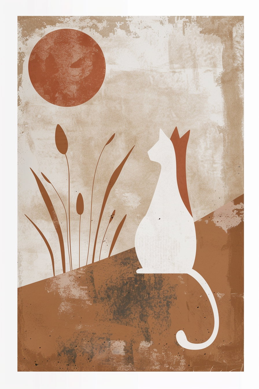 Abstract cat wall art in neutral terracotta and beige tones