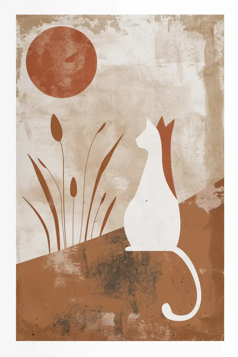 Abstract Cat Printable Wall Art in Neutral Boho Aesthetic