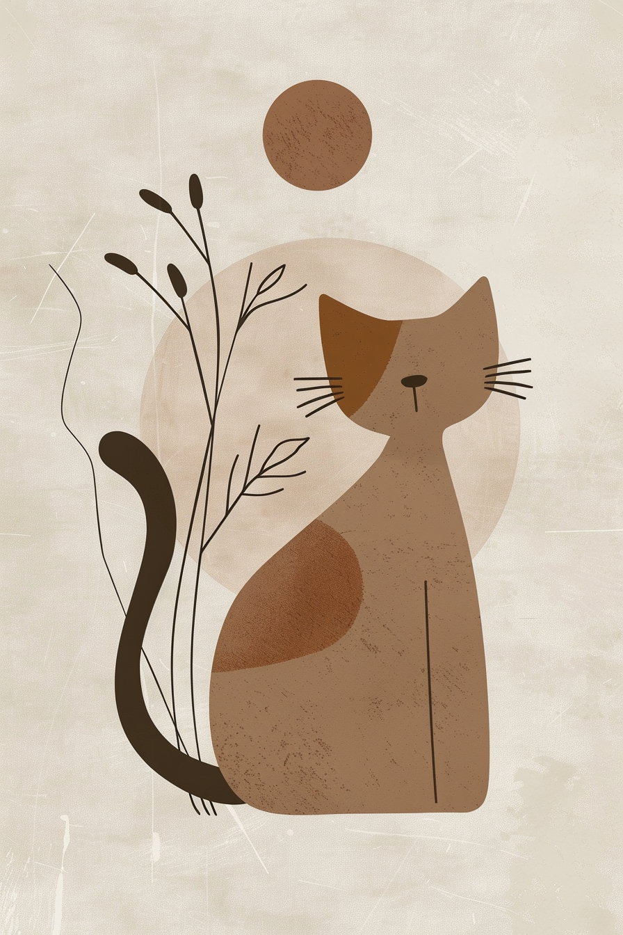 Boho cat wall art with sun and organic shapes