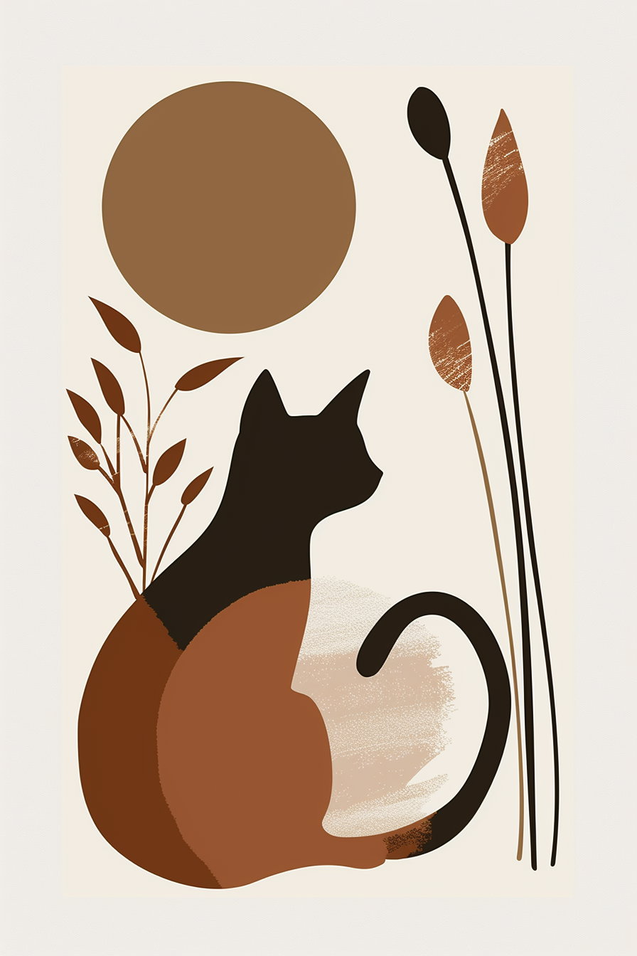 Boho cat wall art with sun and organic shapes