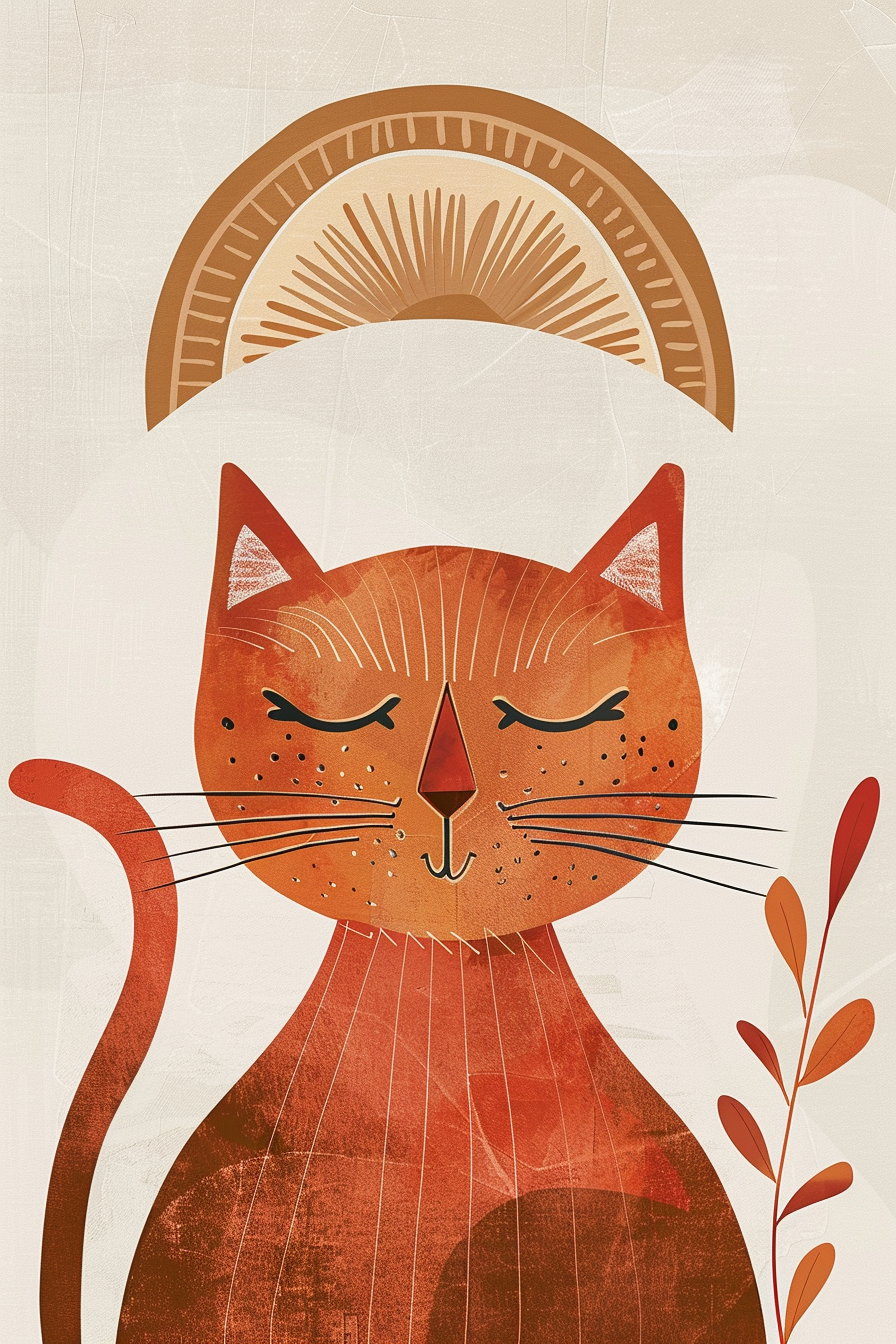 Boho cat wall art with sun and organic shapes