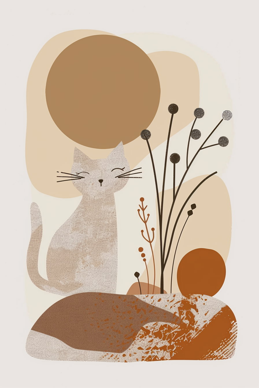 Boho cat wall art with sun and organic shapes