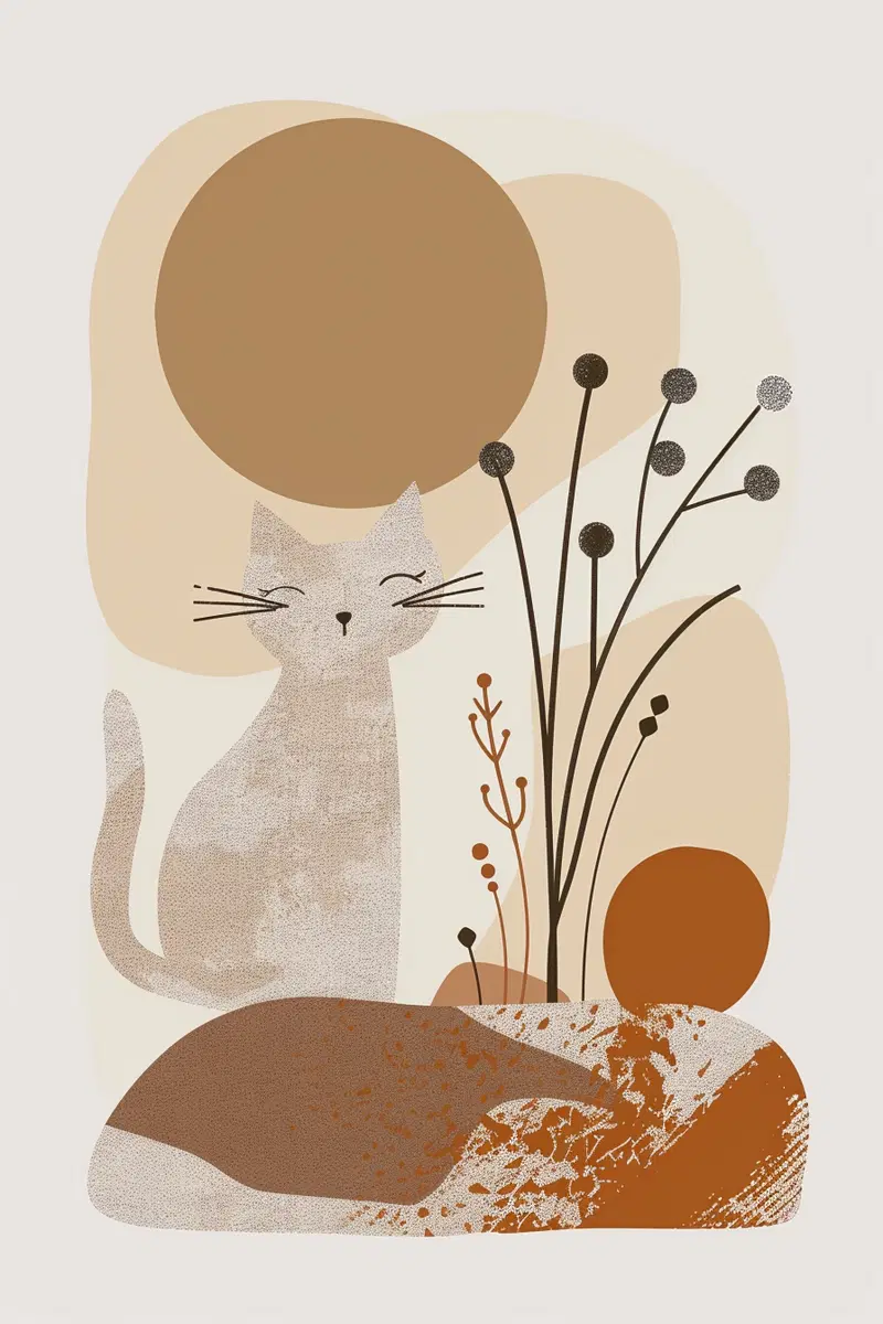 Boho Cat Wall Art Printable in Beige and Brown Tones