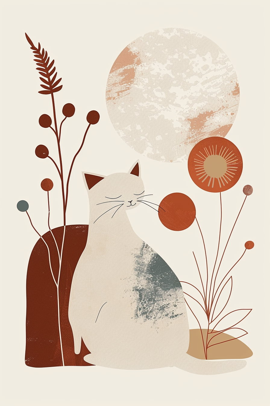 Boho cat poster with abstract shapes and earthy tones