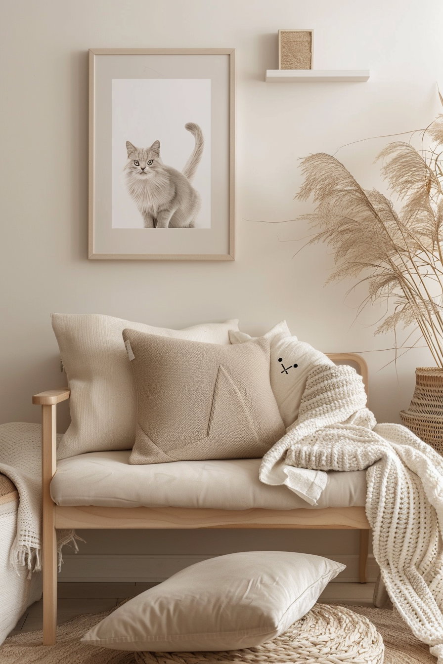 Minimalist cat art in soft neutral tones for cozy decor
