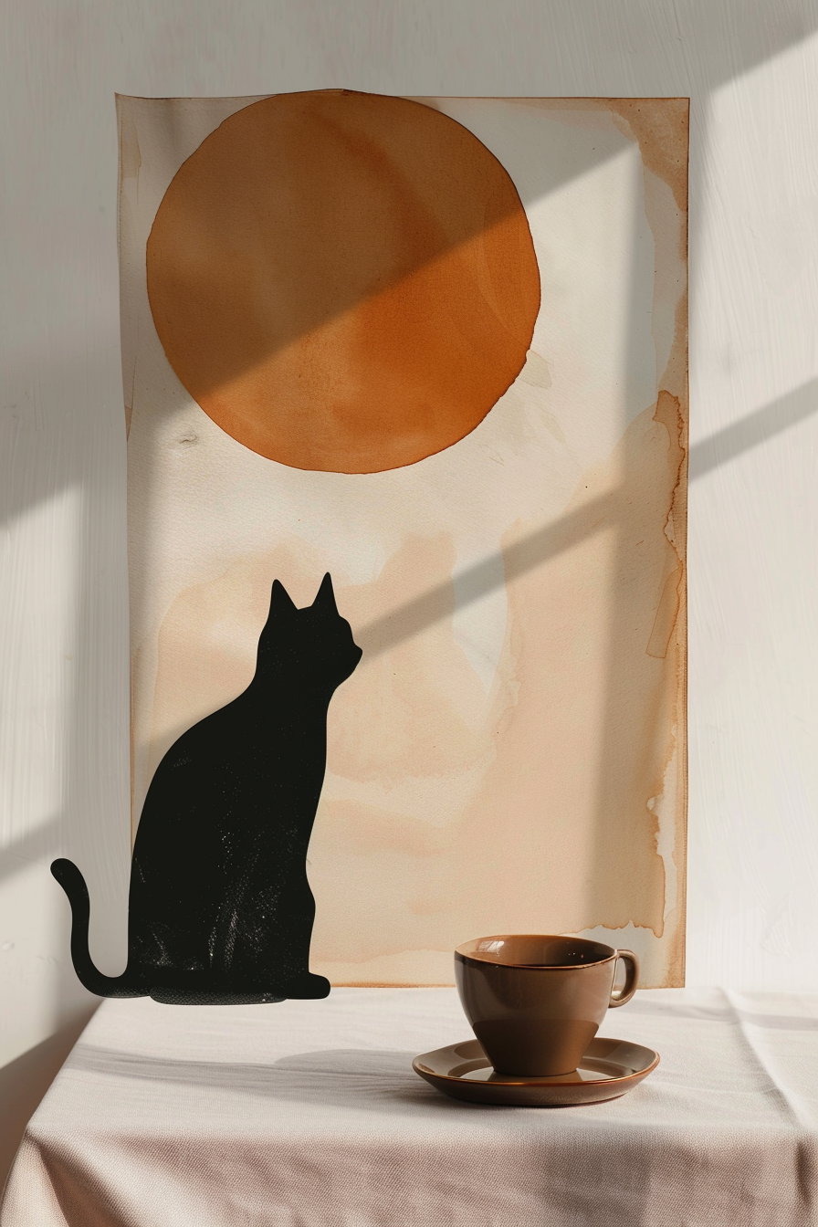 Minimalist cat art in soft neutral colors and abstract design