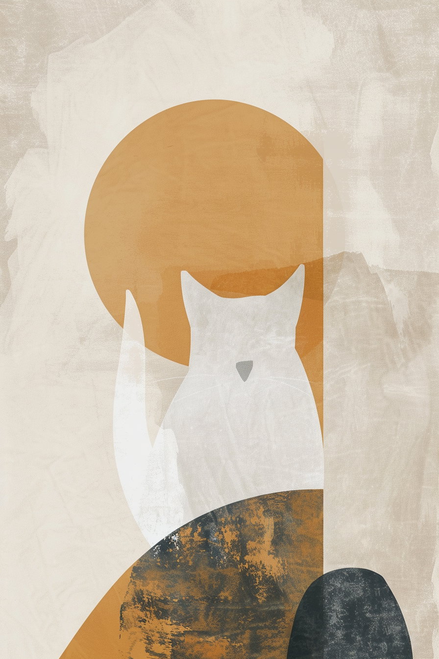 Minimalist cat art in soft neutral colors, cozy abstract design