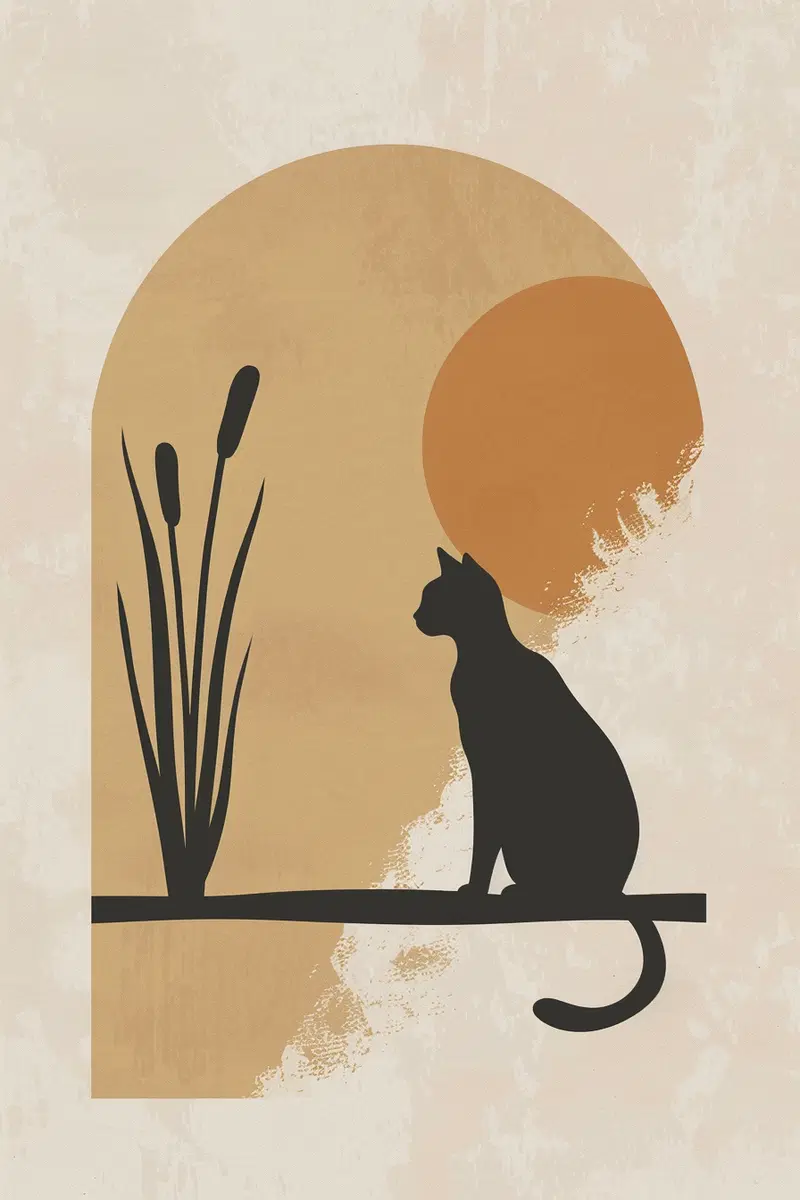 Printable Boho Cat Wall Art with Arch Shapes in Neutral Tones