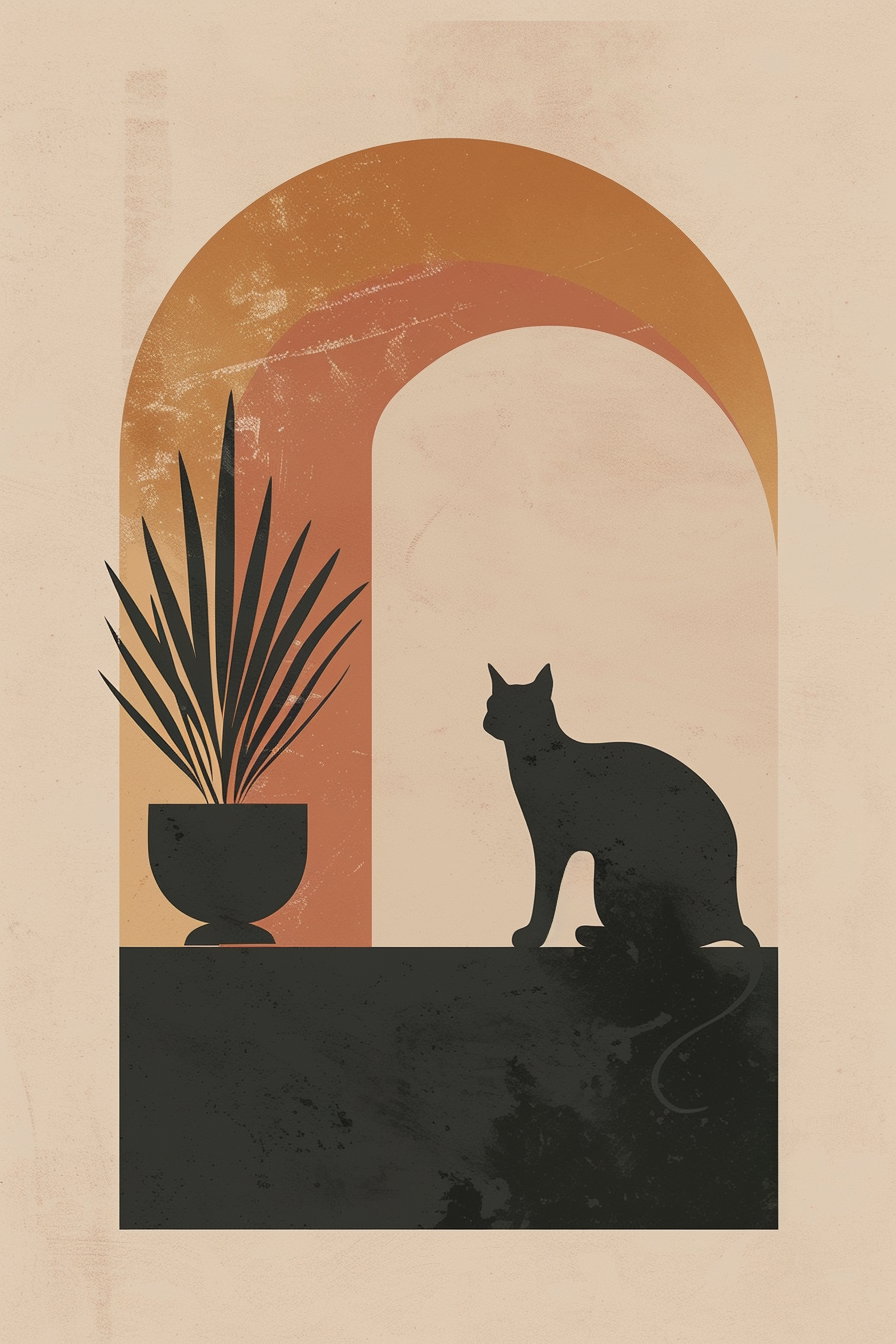 Boho cat poster with arch shapes and warm neutral tones