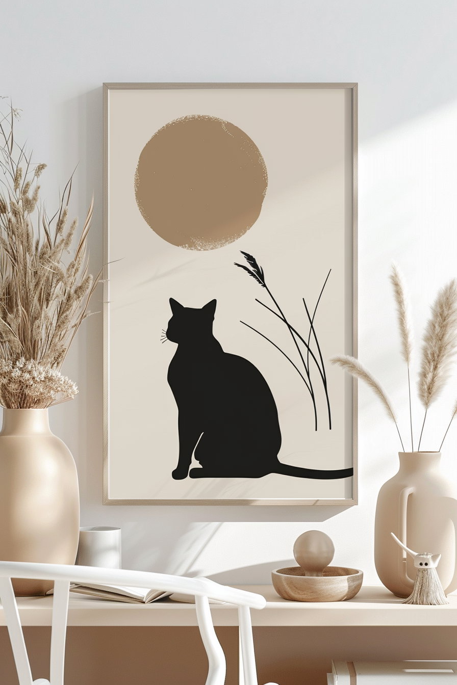 Scandinavian boho cat wall art in beige tones