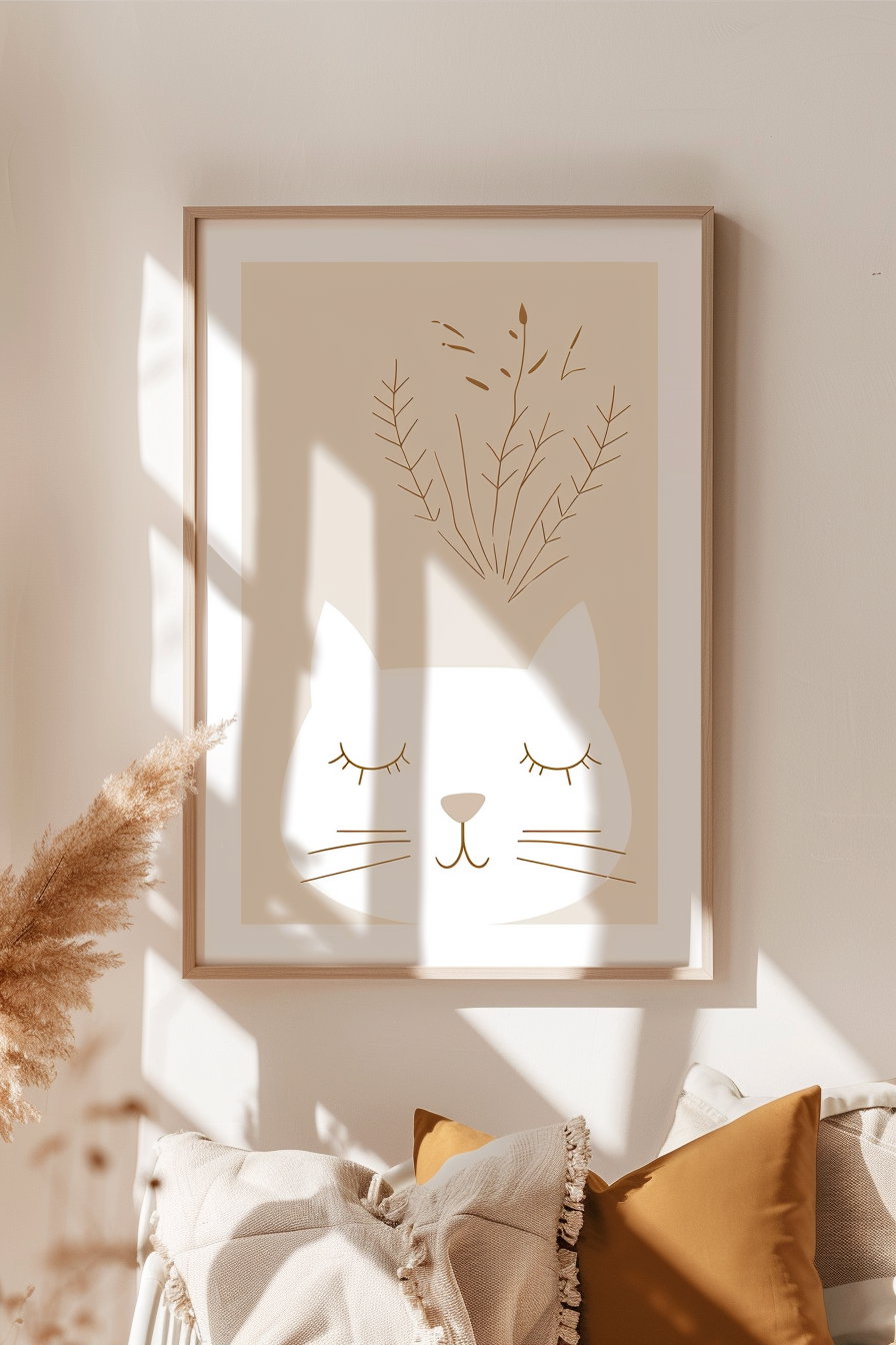 Scandinavian boho cat wall art in beige tones